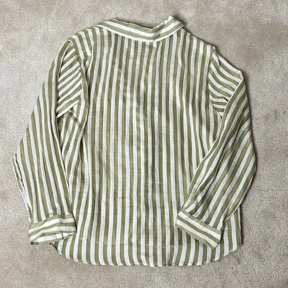 Zara Flowy Striped‎ Long Sleeve Gold Buttons Shirt Ecru/Green Sz L - Picture 9 of 13